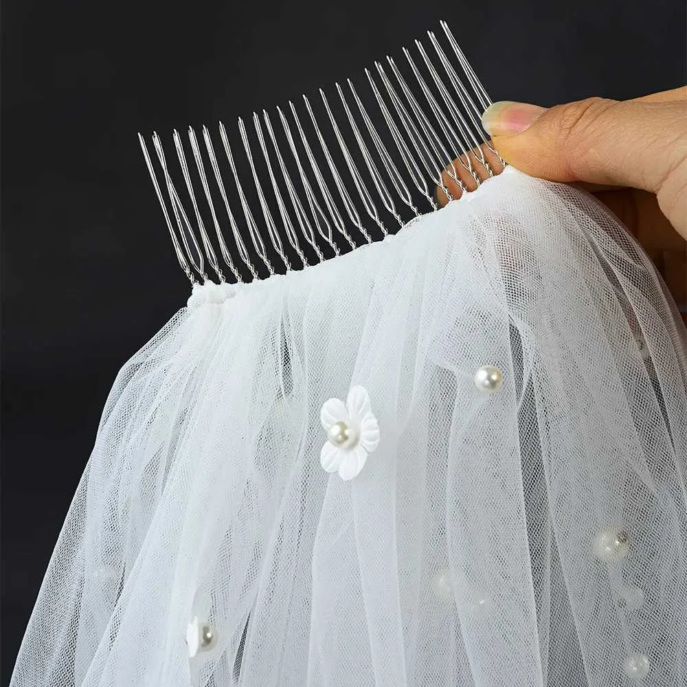 Bijoux de cheveux 3D fleurs voiles de mariée perles voile 1 niveau perlé doux Tulle avec peigne longue cathédrale accessoires de mariage_voghion.com