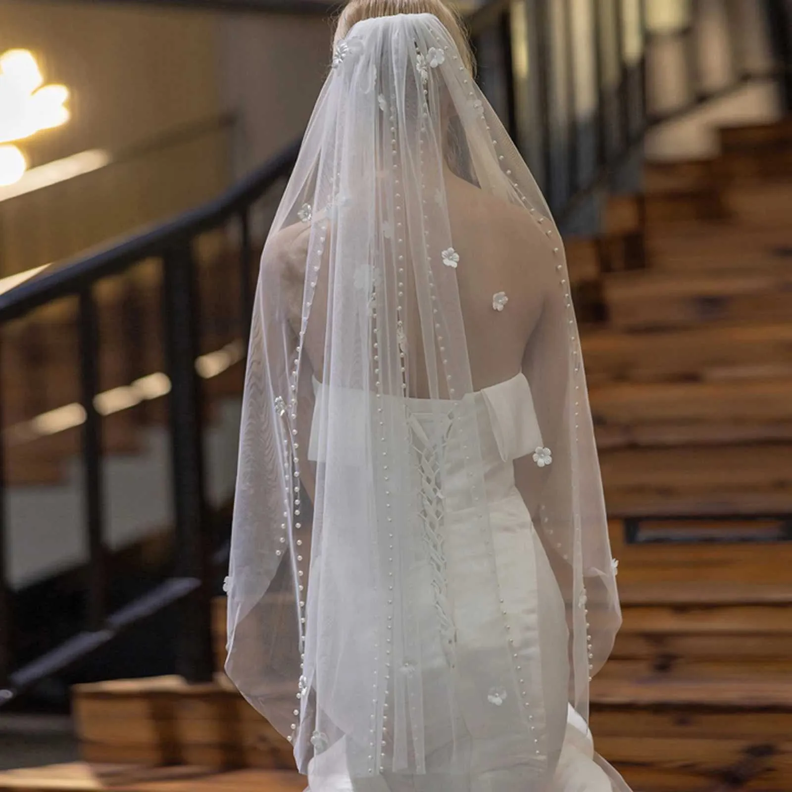 Hair Jewelry V193 Pearls Beaded Wedding Veil 3D Flowers Long Cathedral Soft Bridal Illusion with Comb Elegant Bride_voghion.com