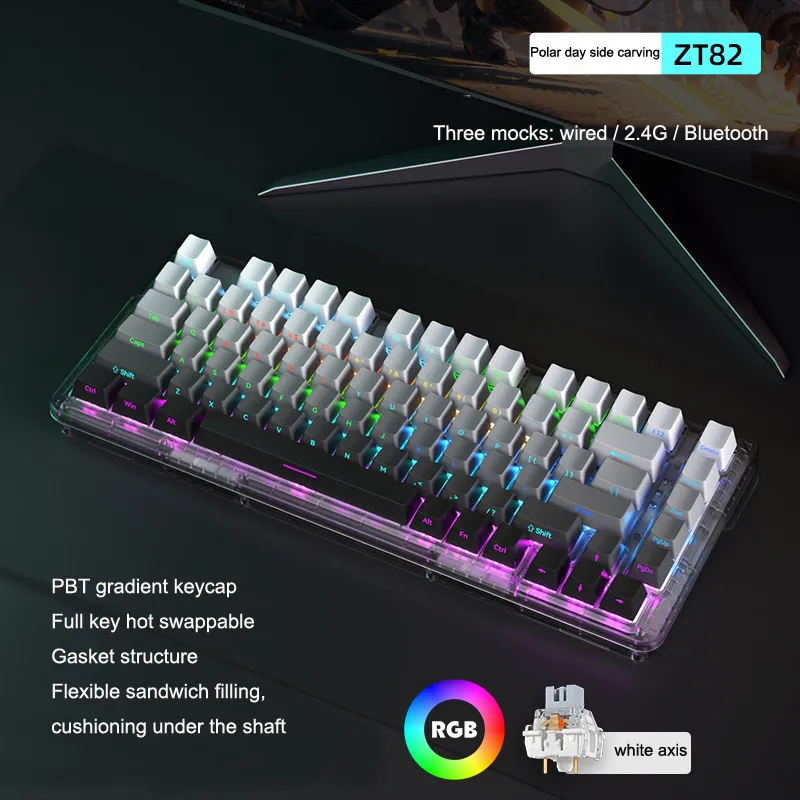 ZT82 80% TLK Custom Keyboard Kit Hotswap Wireless USB Gasket RGB Backlit Gaming Mechanical Keyboard PC laptop Keyboard Silver Axis 2.4G/Wired/Bluetooth