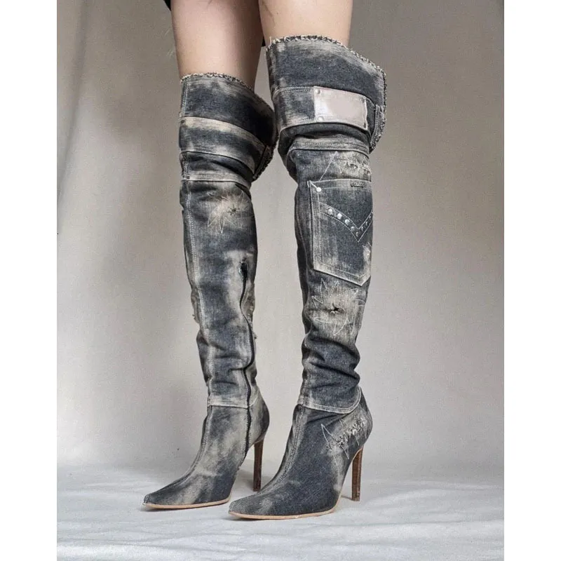 Denim Pointed Toe Crystal Zip Knee High Sexy Boots High Heel Cowboy Boots