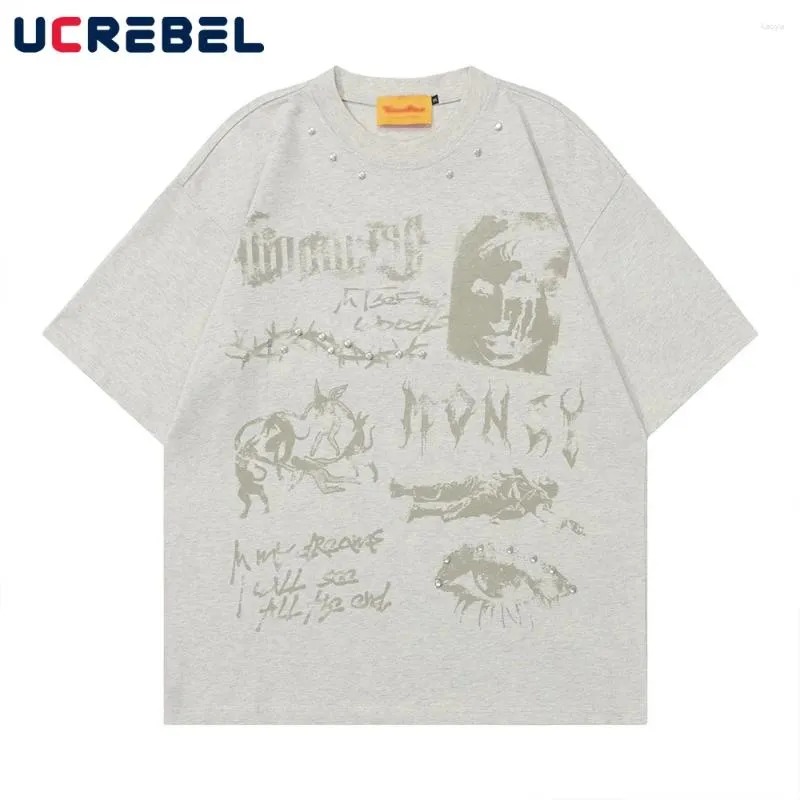 Camicie da uomo stampare magliette a maniche corte maschi con rivetti estate al alto collo a mezza manica di cotone sciolto
