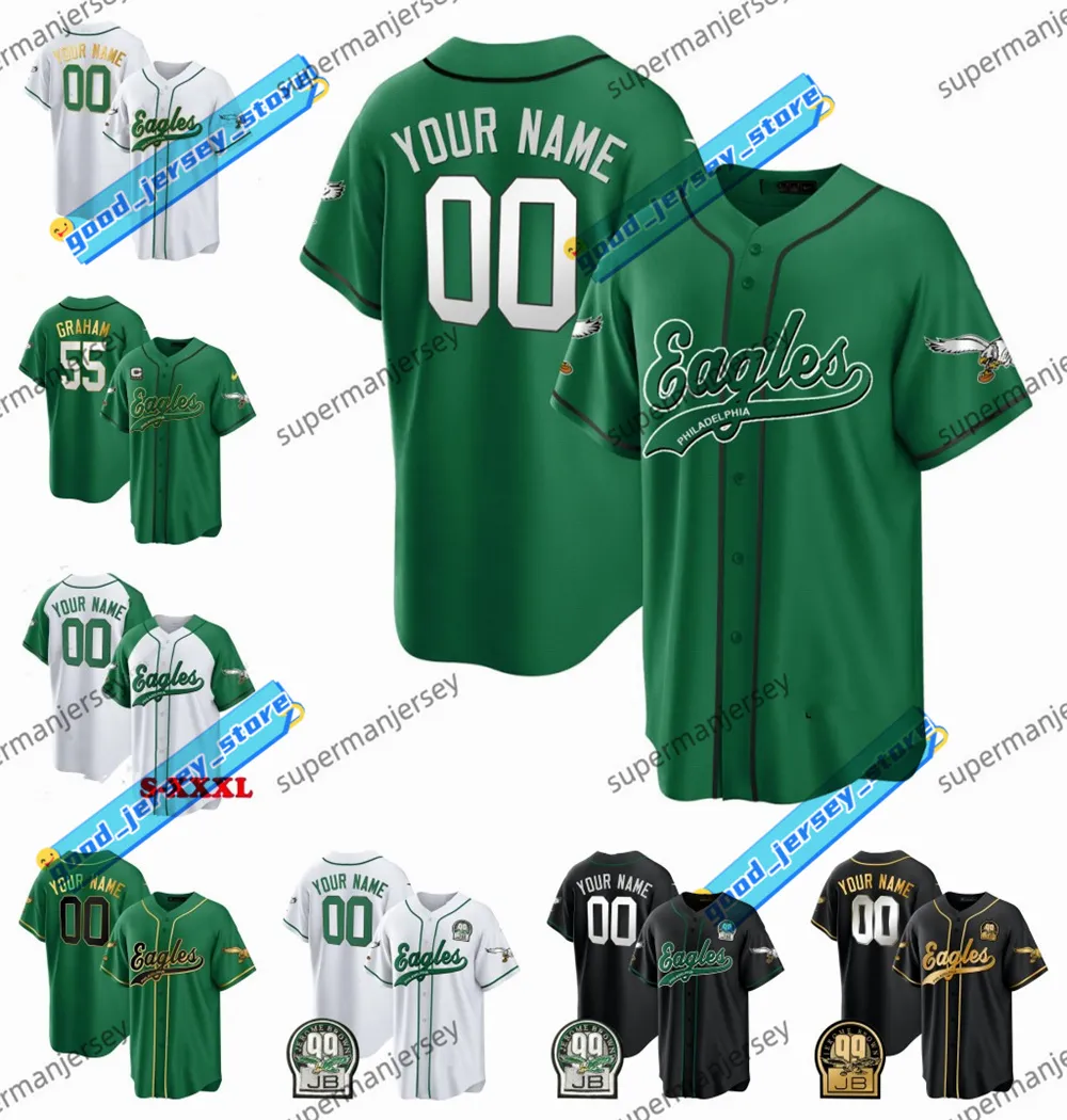 E EagLES Custom Baseball T Shirts Featuring Jalen Hurts Jason Kelce AJ Brown Nolan DeVonta Smith DAndre Swift Jalon Carter Brandon Graham Haason Reddick And Lane Johnson 1 And 2 From Good jersey store