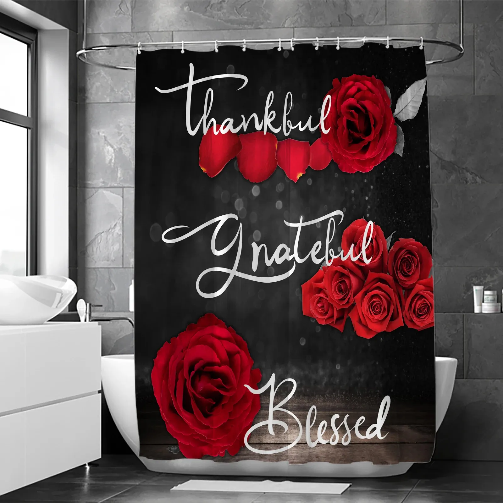 1pc rideau de douche en tissu rouge Rose reconnaissante rideau de douche béni dans la salle de bain et 12 crochets en plastique 71x71in 240512