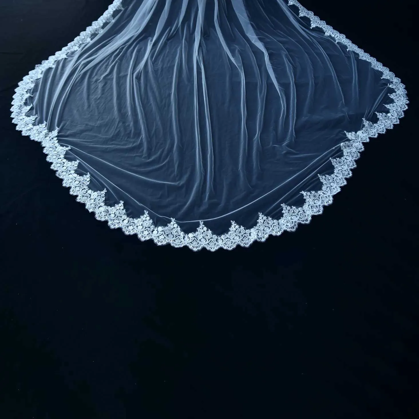 Hair Jewelry V152 Wide Veil Long Cathedral Bridal Veils 1 Tier 3M Lace Appliques Scalloped Edge Mantilla Tulle Wedding_voghion.com