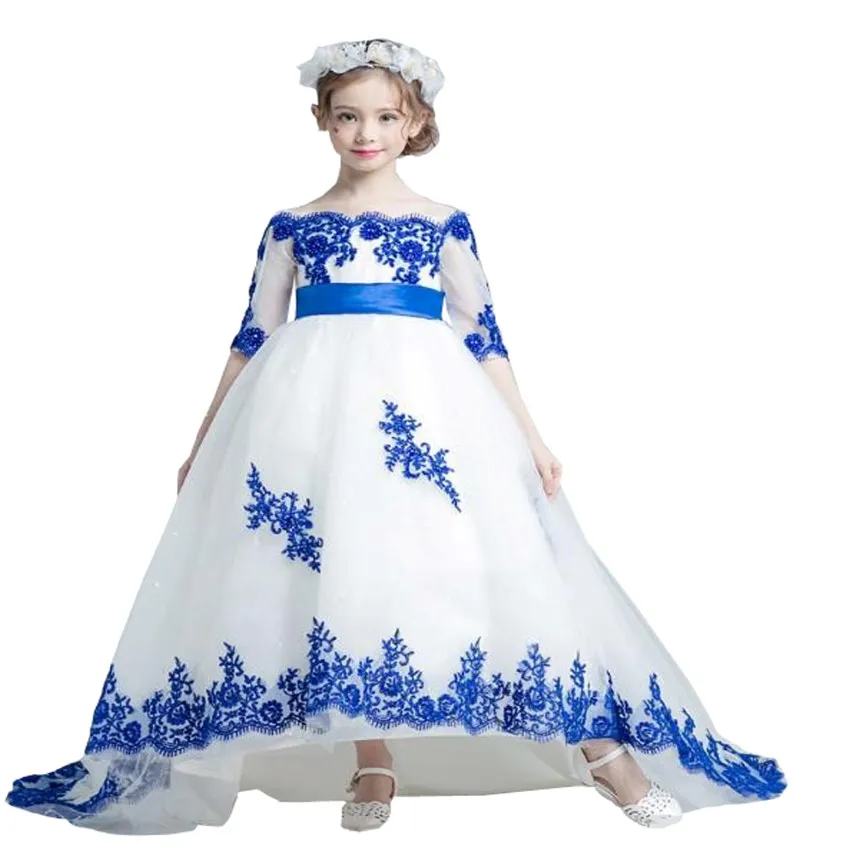2022 Off Schouder half mouwen bloemenmeisje jurken bruiloft Royal Blue Applique High Low Train First Communion Party Jurk Kids 244V