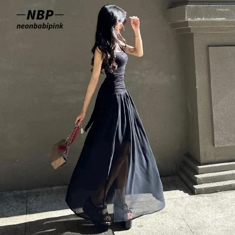 Vestidos informales Neonbabipink Square Collar sin mangas en forma y bengala Long Elegant Fashion Mesh Mujeres negras Vestido 2024 Tendencia N33-CI38