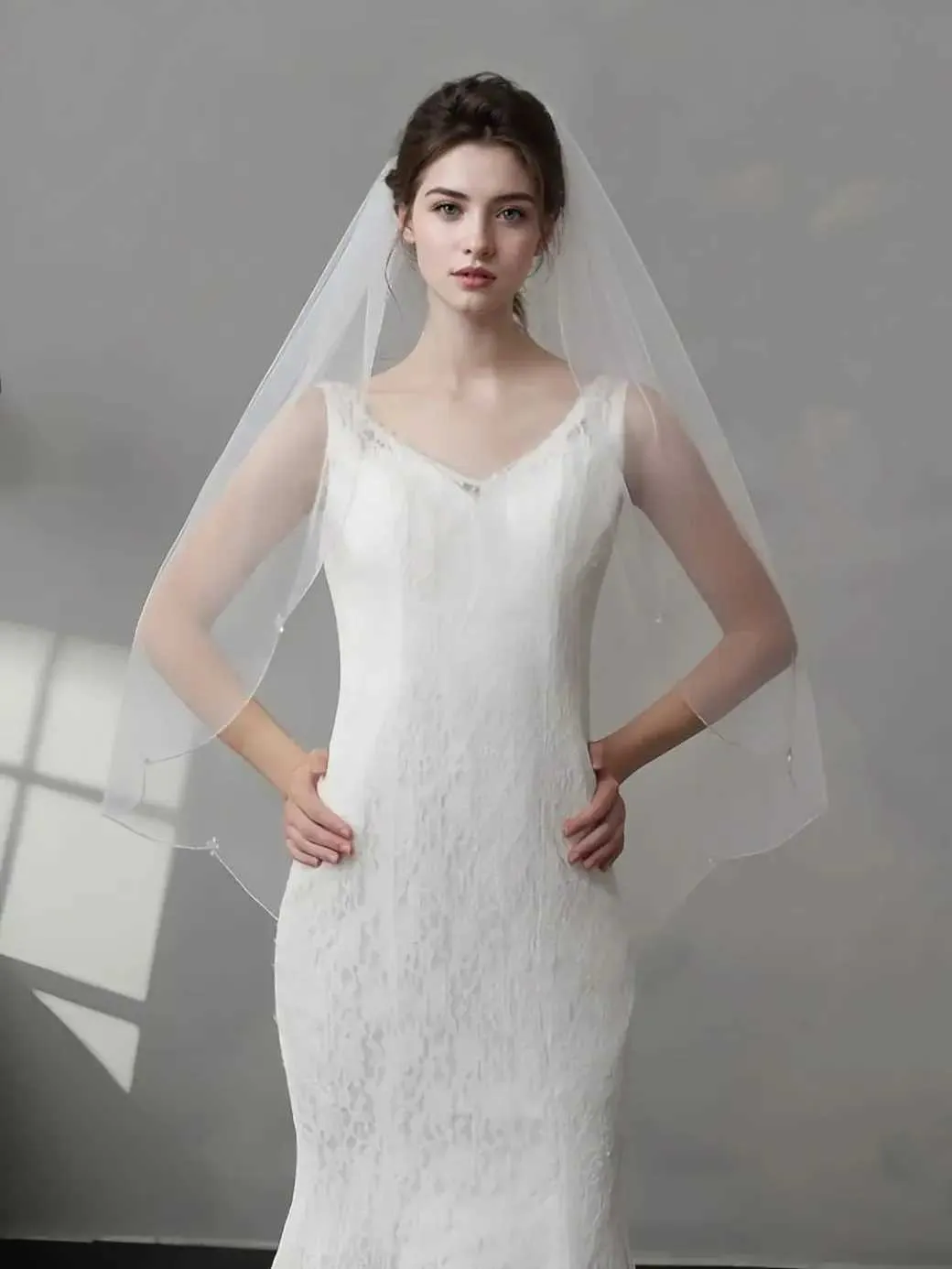 Haarschmuck v118 1T Perlen Braut Fingerspitze gewellter Rand Strass Kristall Hochzeit Schleier mit Kamm kurz elegant_voghion.com