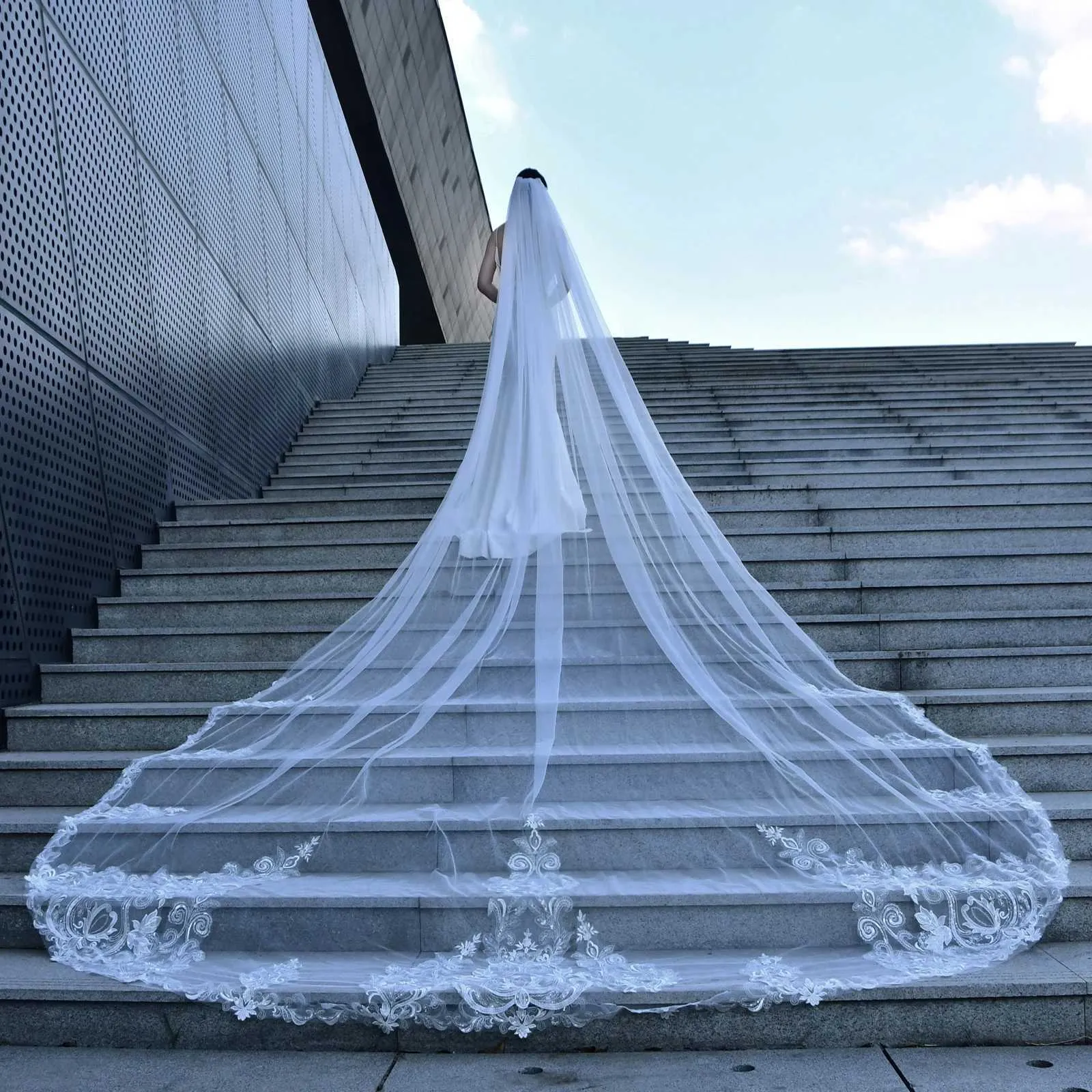 Gioielli per capelli Velo lungo da sposa a cattedrale Veli da sposa a 1 strato Applicazioni in pizzo Bordo Mantilla Accessori da sposa larghi per la sposa_voghion.com