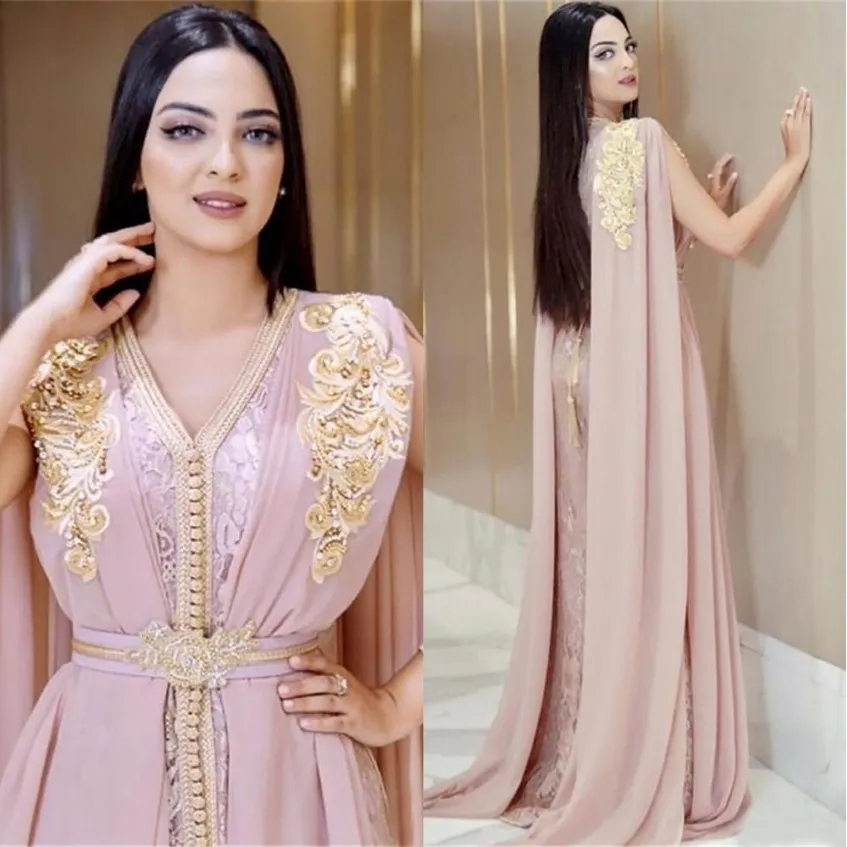 Dubai Abaya Kaftan Pink Evening Jurken 2021 Sexy V Neck Chiffon Gold Applique Golde Lange prom jurk Marokkaanse formele feestjurk gewaad D 311J