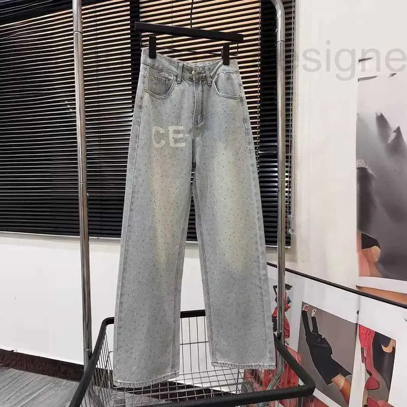 Damen -Jeans -Designer -Marke 2024 Spring Neues CE Advanced Hot Diamond High Taille Wäsche gerade Beinhosen für vielseitig hellblau lose P147