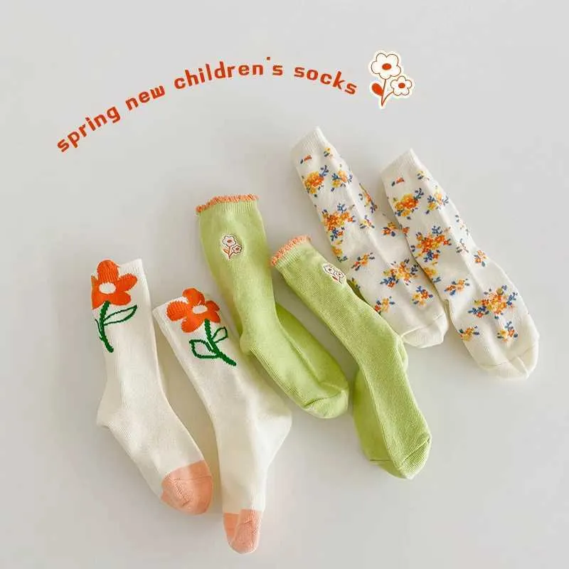 Kids Socks 3 pairs of girl socks childrens sweet flower pattern cotton socks childrens little baby socks spring socks d240513