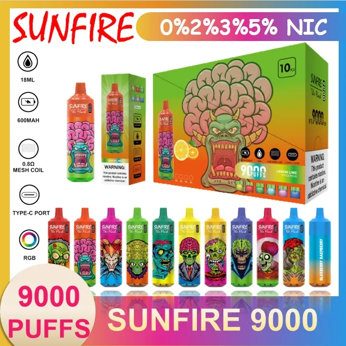 Originele Sunfire Tornado 9000 Puffs Big Puff 9000 Wegwerp E Sigaretten met RGB Light Puff 9K VAPE 0% 2% 3% 5% Oplaadbare batterij 18ml Device Vapes Pen Pen Frankrijk Thailand Thailand