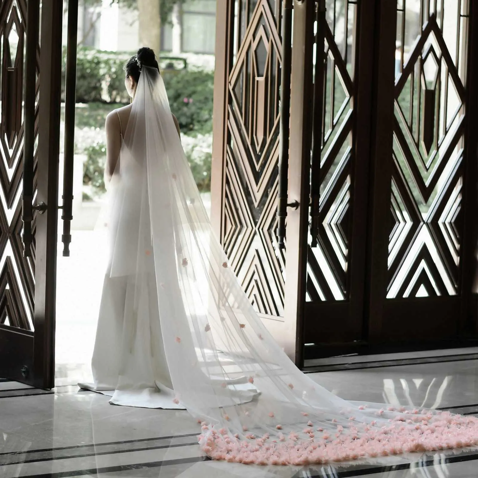 Hair Jewelry V95 Wide Pink Flower Appliqued Wedding Veil Long Cathedral Style Illusion 2 Tier with Comb Bridal_voghion.com