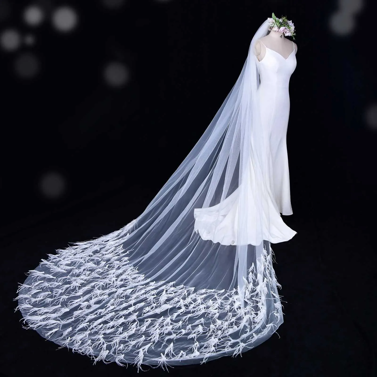 Schmuck V22 1 Tier Feder Perlen Kathedrale Hochzeit mit Kamm Braut Haar Zubehör Medine Seide Schleier_voghion.com