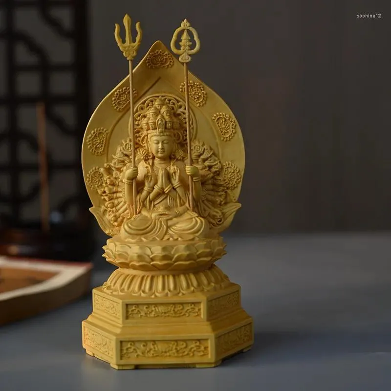 Dekorativa figurer Solid trästaty av tusen hand guanyin på lotus terrass trä snidade Buddha hemdekoration feng shui