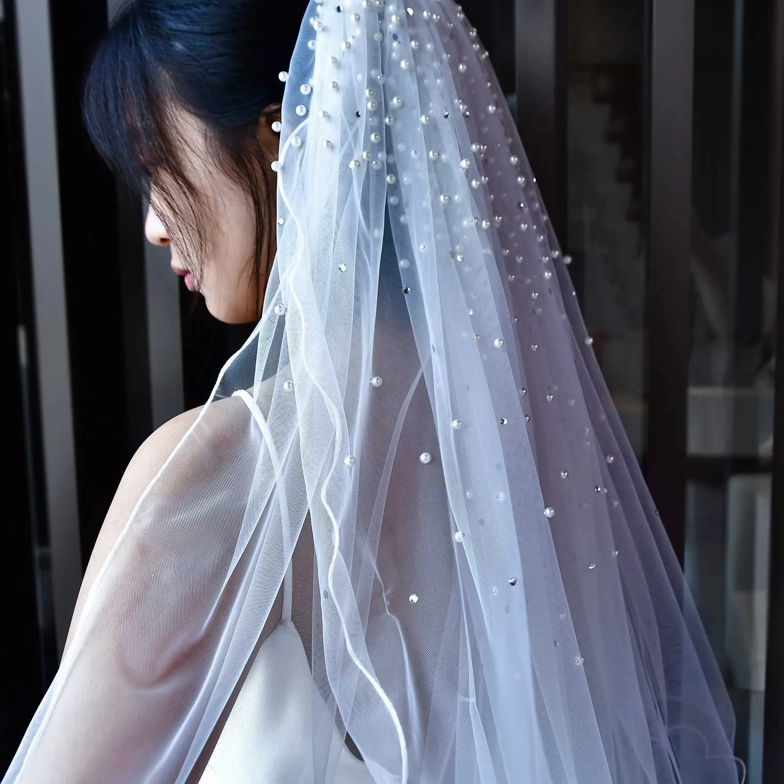 Hair Jewelry MZA32 2 Tier Veil with Blusher Pearls Bridal Veils Elbow Length Wave Pencil Edge Soft Wedding Accessories_ipsvogv.com