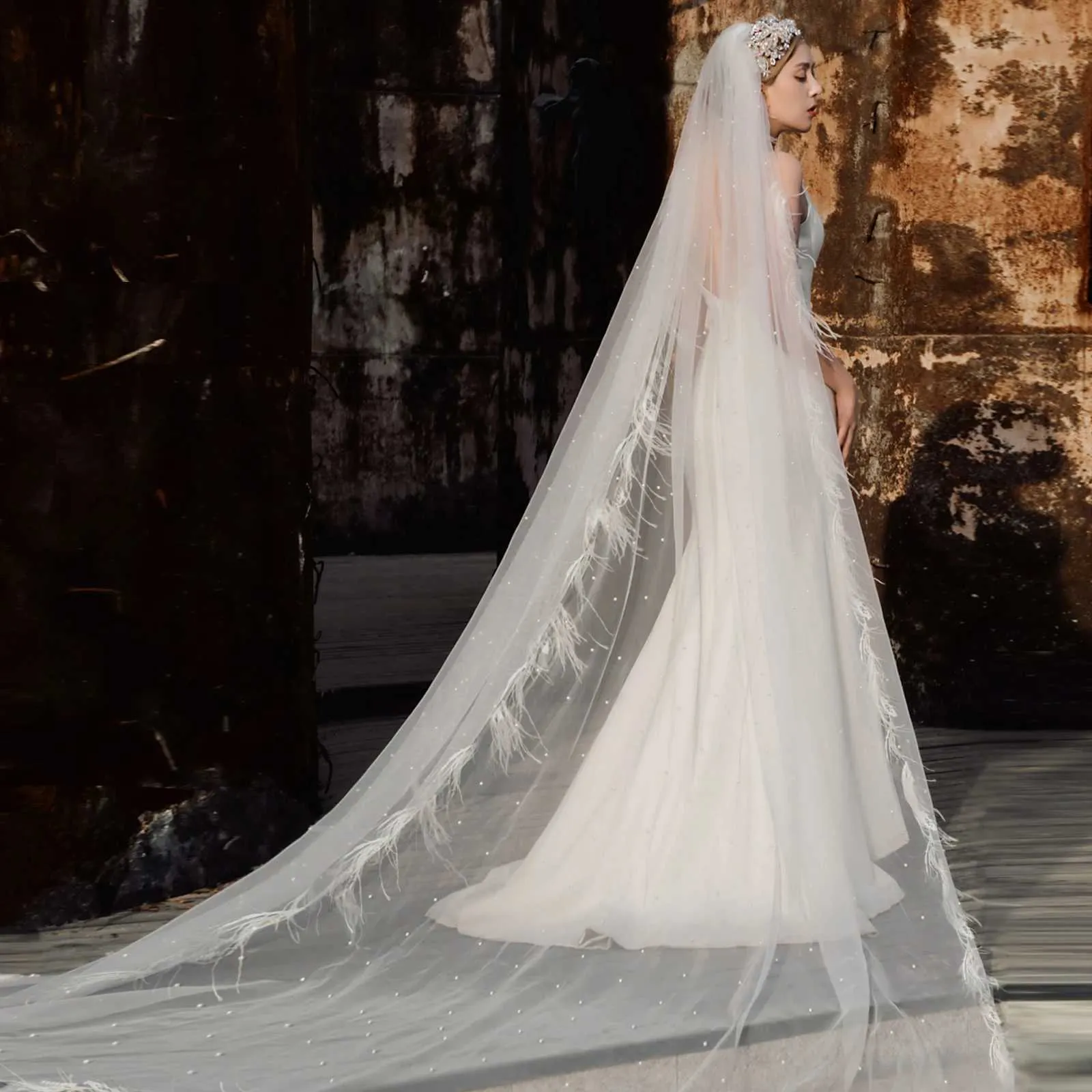 Bridal Veil Cathedral 1 Tier With Feather Beading For Wedding_voghion.com
