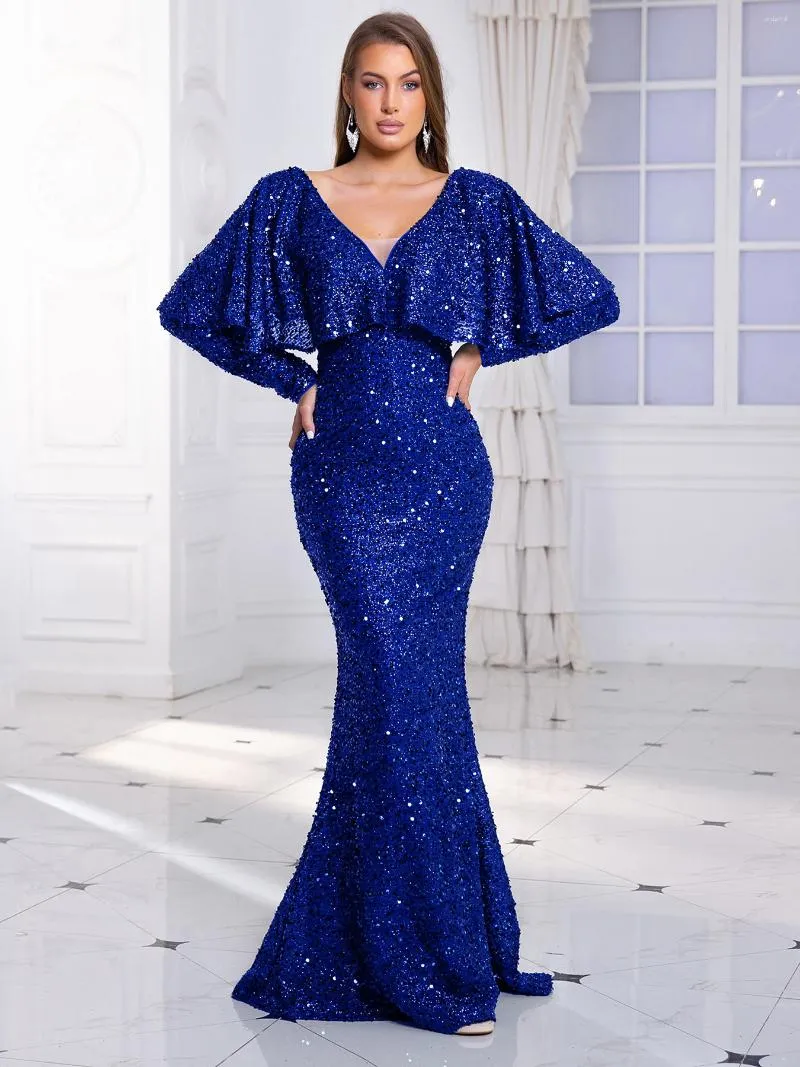 Casual Dresses Long Batwing Sleeve Stretch Sequined Prom Dress V Neck Backless Floor Length Evening Night Party Gown Blue Green