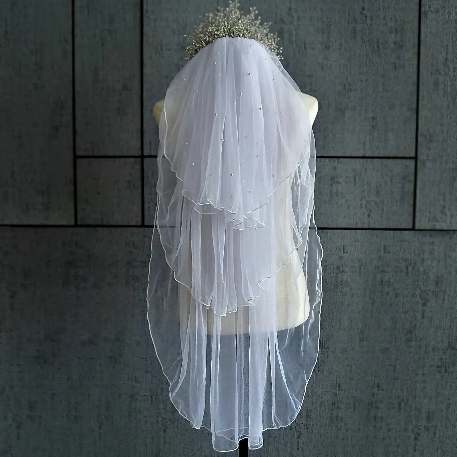 Hair Jewelry MZA32 2 Tier Veil with Blusher Pearls Bridal Veils Elbow Length Wave Pencil Edge Soft Wedding Accessories_ipsvogv.com