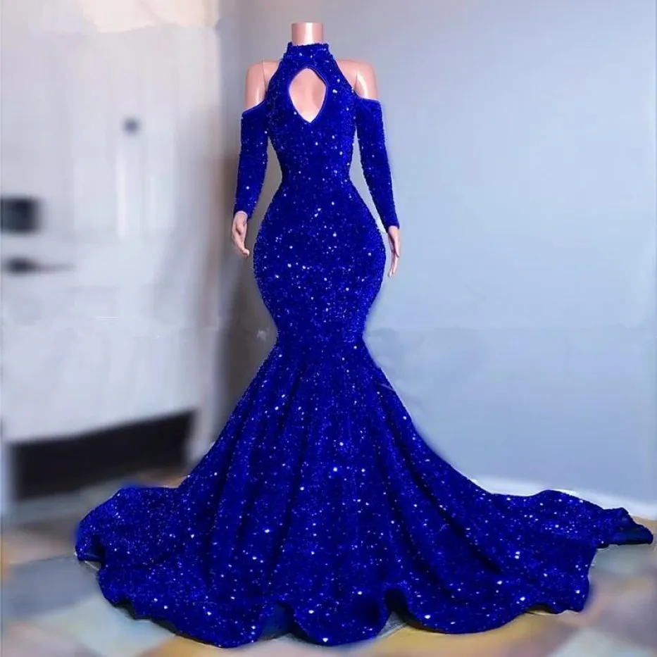 Blaskly Royal Blue cekinowe sukienki balowe z długimi rękawami plus size Sixe Scyk Evening Suknie Seksowne z ramion Arabic Aso E 239K