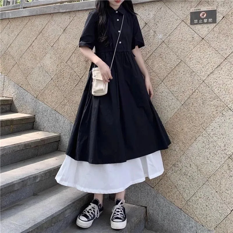 Party Dresses 2024 Women Summer French Short Sleeve Shirt Dress Female Long Patchwork Ladies Loose Casual A-line Vestidos X117