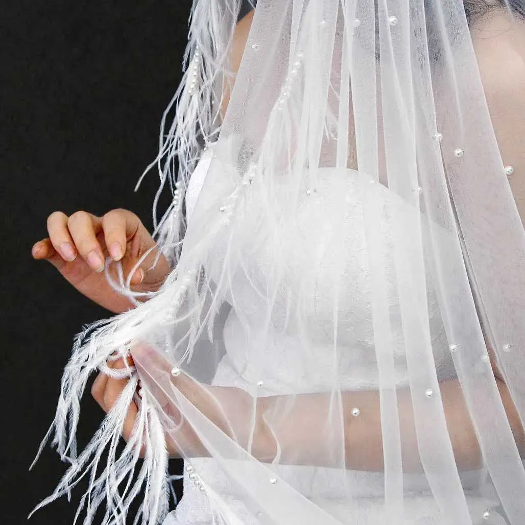 Bridal Veil Cathedral 1 Tier With Feather Beading For Wedding_voghion.com