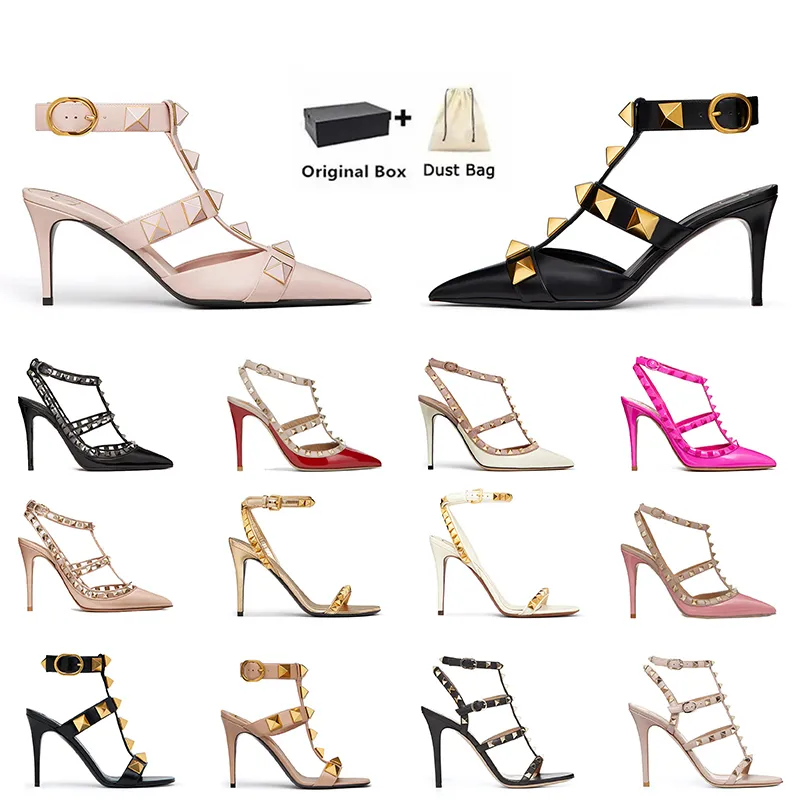 med låda kvinnor designer höga klackar klänning skor klack sandaler rock stud kattunge plattform sandles guld silver läder rivet peep-toes dhgate berömd slingback