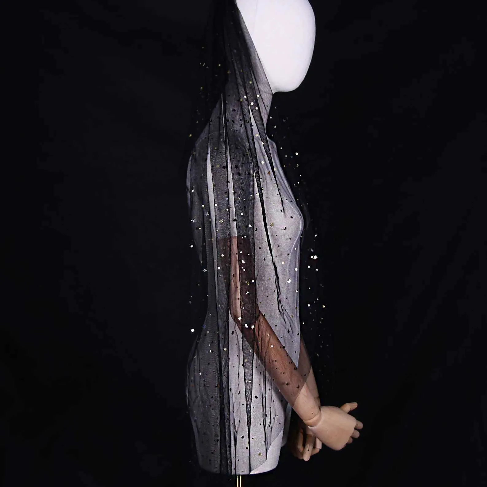 Sparkly Black Bridal Veil With Gold Star And Moon Details_voghion.com