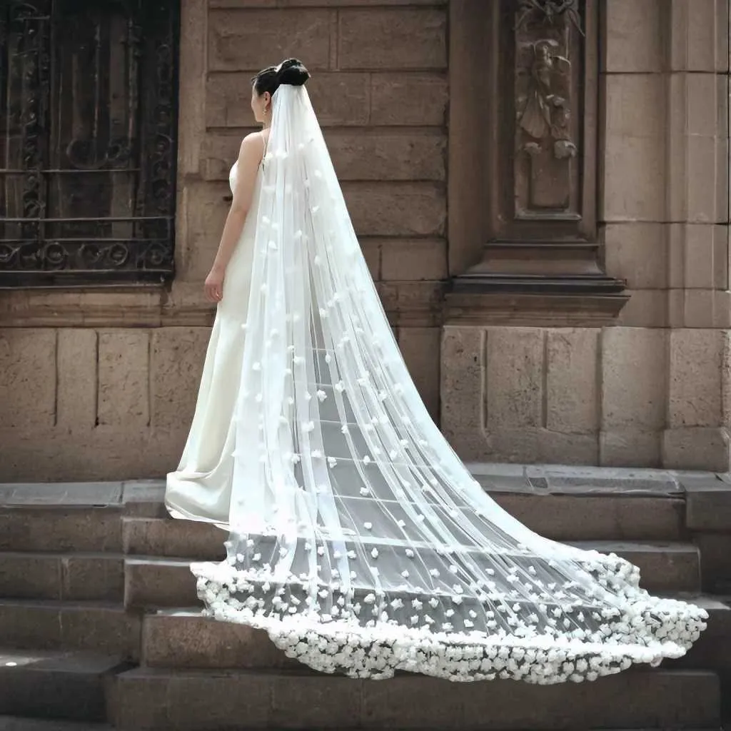 Hair Jewelry 3D Flowers Bridal Long Cathedral 1 Layer Soft Wide Veil with Comb Wedding Accessories for Bride V93_voghion.com