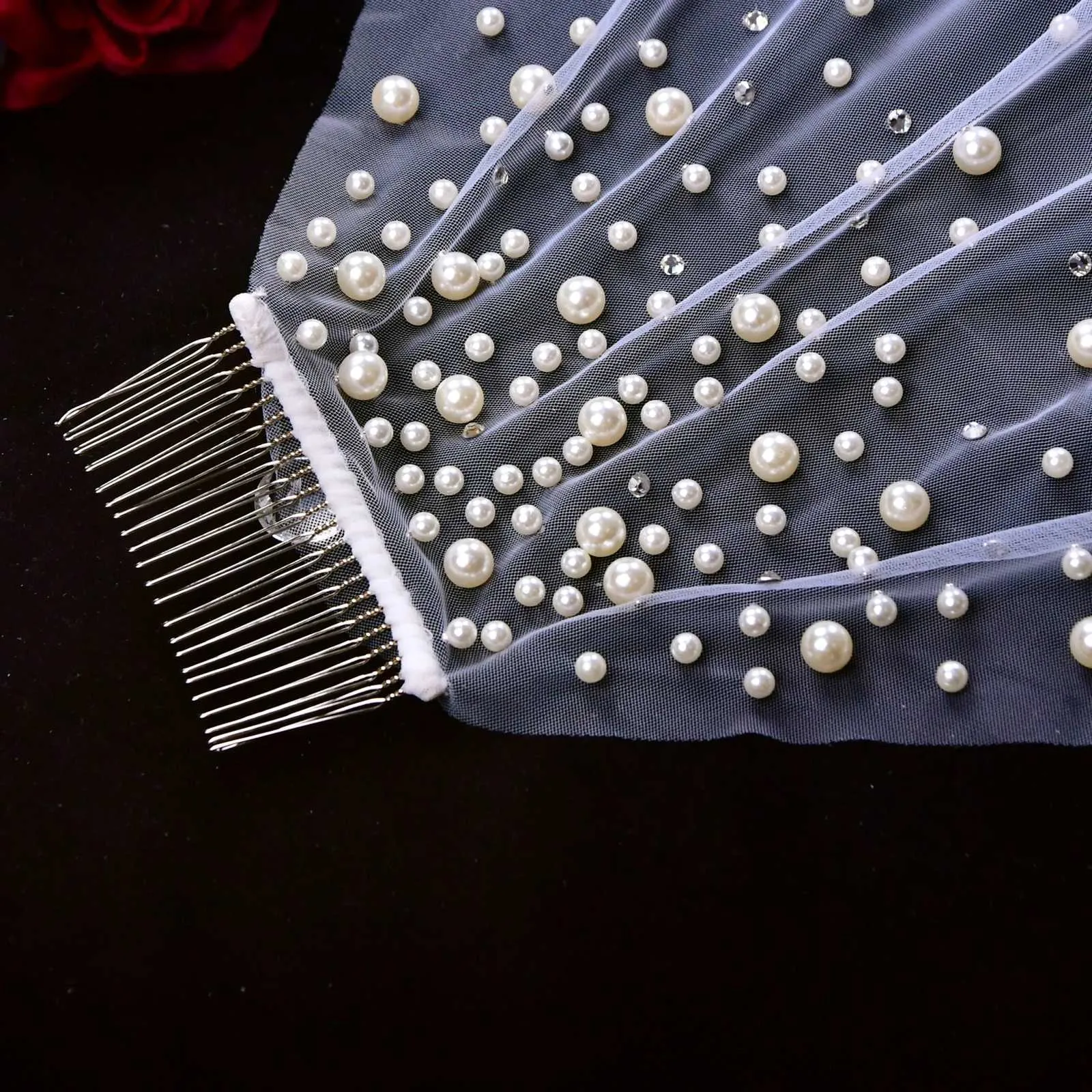 Gioielli V135 Perle corte Veli da sposa 1 livello Velo di strass Accessori per capelli da sposa per le spose Lunghezza punta delle dita_voghion.com