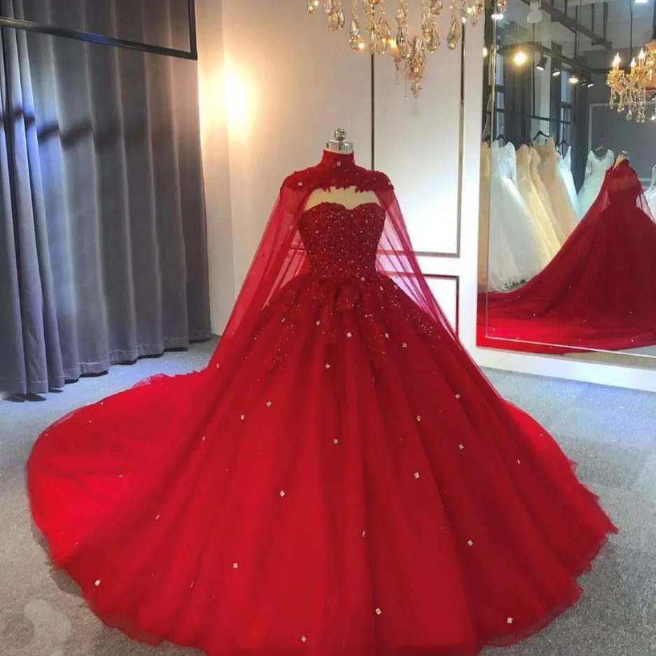 Princess Red Royal Blue Black Ball Gown Quinceanera Dresses with Wraps Beads Crystals Tulle Sweep Train Cowl Formal Dress Evening Gowns 3548
