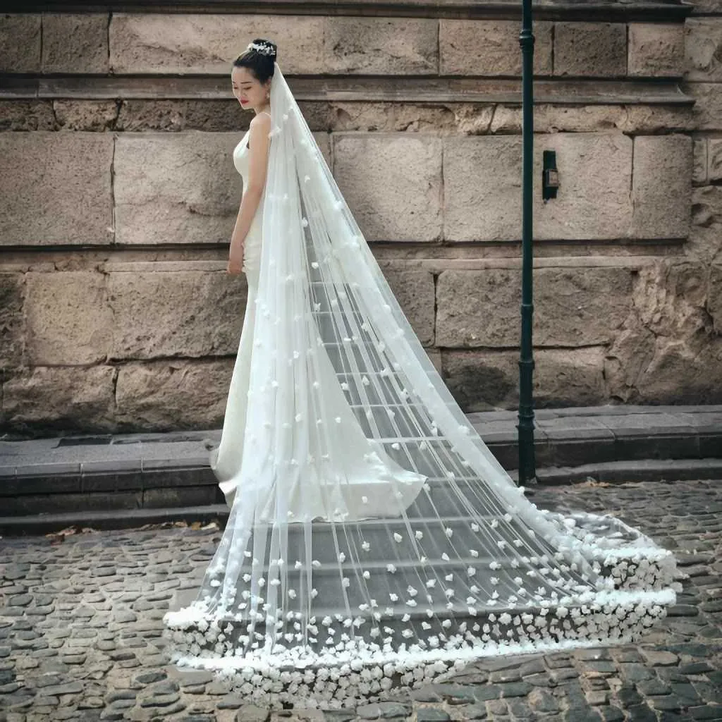 Long Cathedral Bridal Veil With 3d Flowers And Comb For Wedding_voghion.com