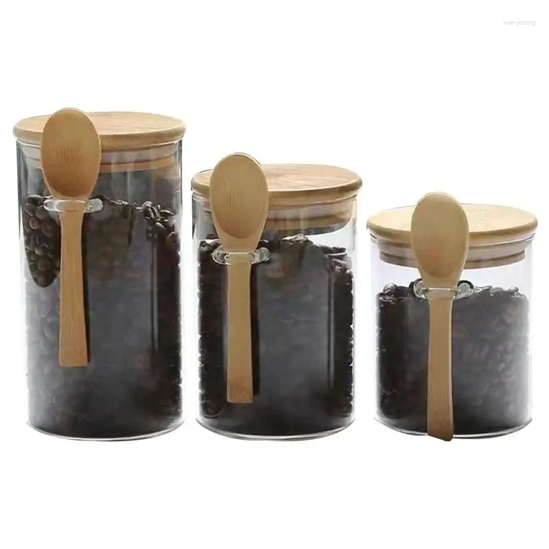 Garrafas de armazenamento recipientes de vidro transparentes com tampas de bambu garrafa de cozinha de colher de pau para farinha de chá de açúcar mascavo solto