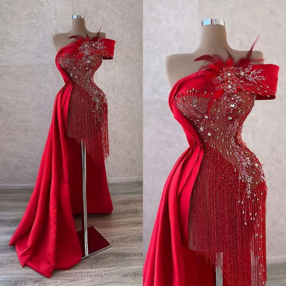 Customers Often Bought Prom Dress A Line Evening Dresses Red One Shoulder Sequins Floor Length Tulle With Feather 3d Flower Beads Sequi 313U