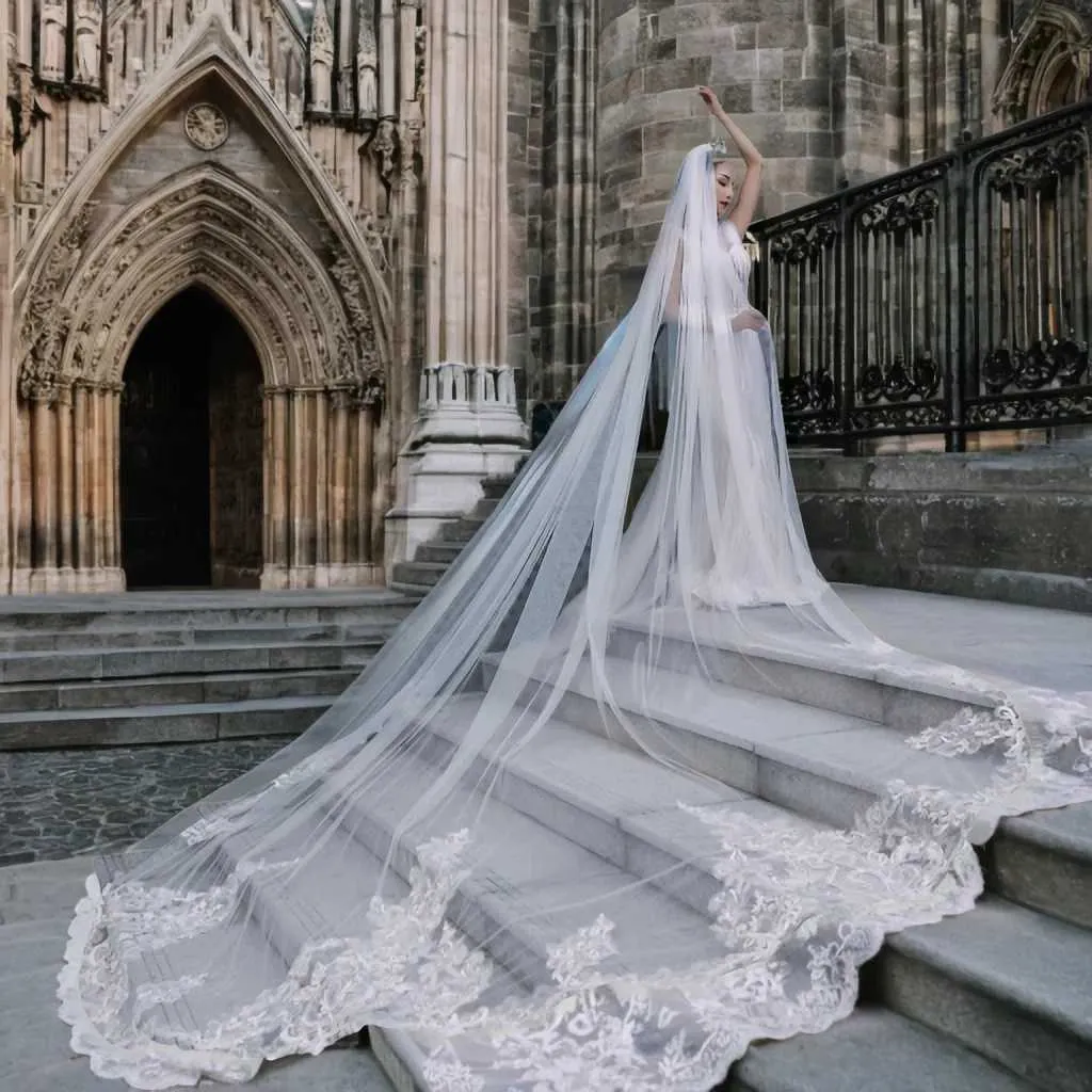 Gioielli per capelli Velo lungo da sposa a cattedrale Veli da sposa a 1 strato Applicazioni in pizzo Bordo Mantilla Accessori da sposa larghi per la sposa_voghion.com