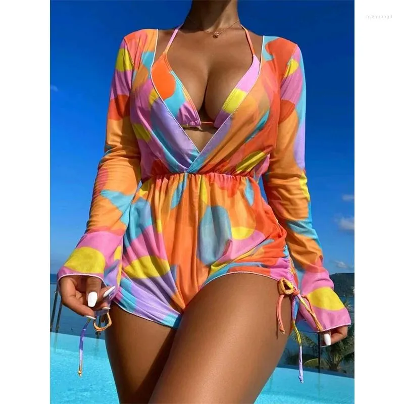 Dames Swimwear 3-delige lange mouwafdruk Swimsuit voor vrouwen 2024 Mesh Cover-ups Beach Vacation Bikini Set Summer Suspender Bading Pak