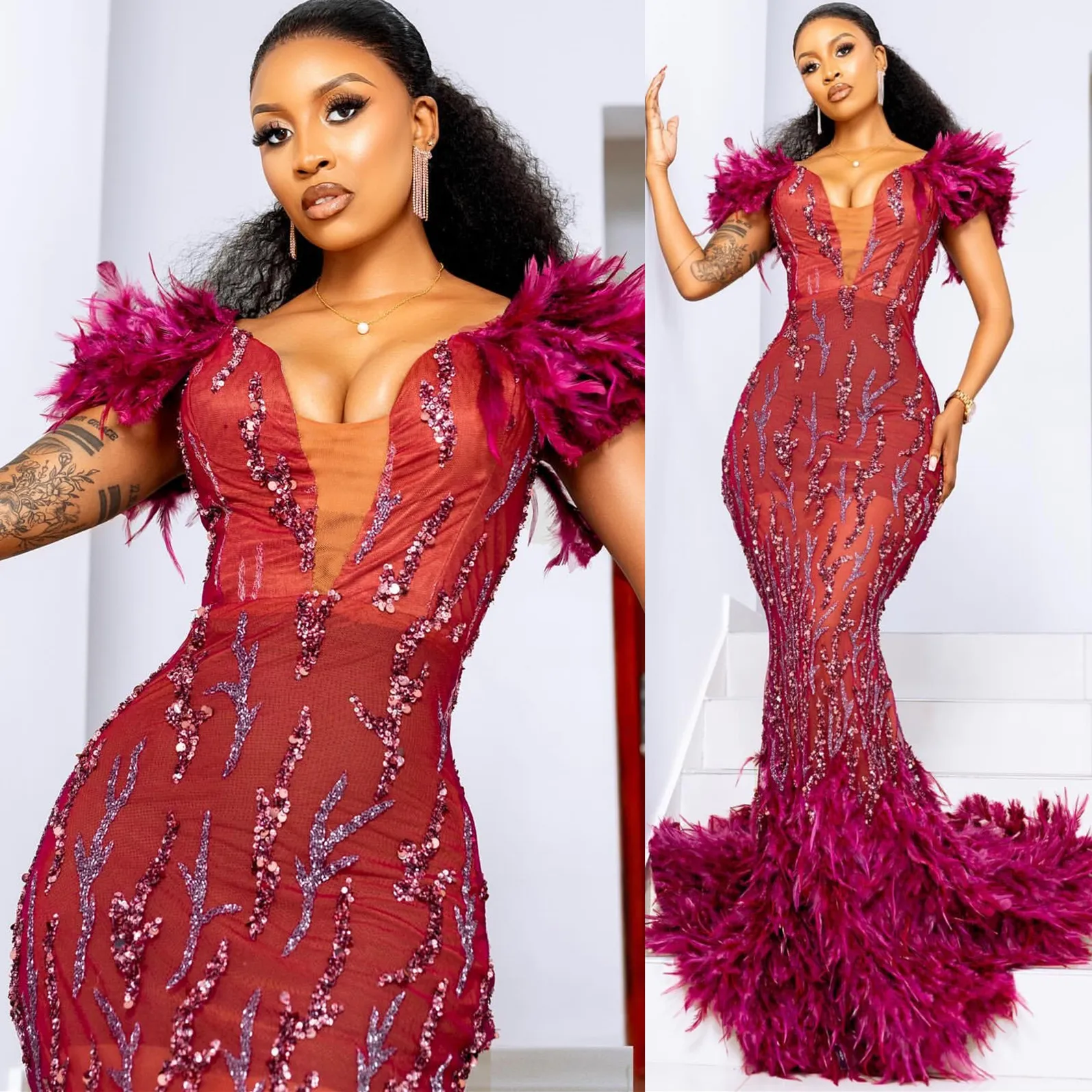 ASO EBI 2024 Burgundia Mermaid Sukienki Promowe Pióro Koronkowe wieczorne impreza Formalne przyjęcie Drugie Przyjęcie Urodziny PROMDRESS SZUNCJE LF015