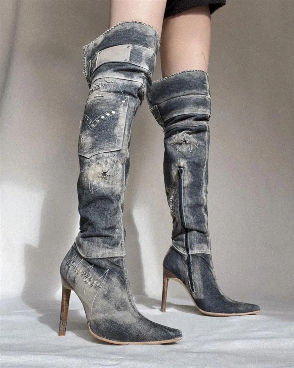 Sexy Crystal Stiletto Kitten Heel Knee Boots Cowboy Boots For Women Denim Pointed Toe Knee High Plus Size Style 230314 From Ning03 157.34 DHgate.Com