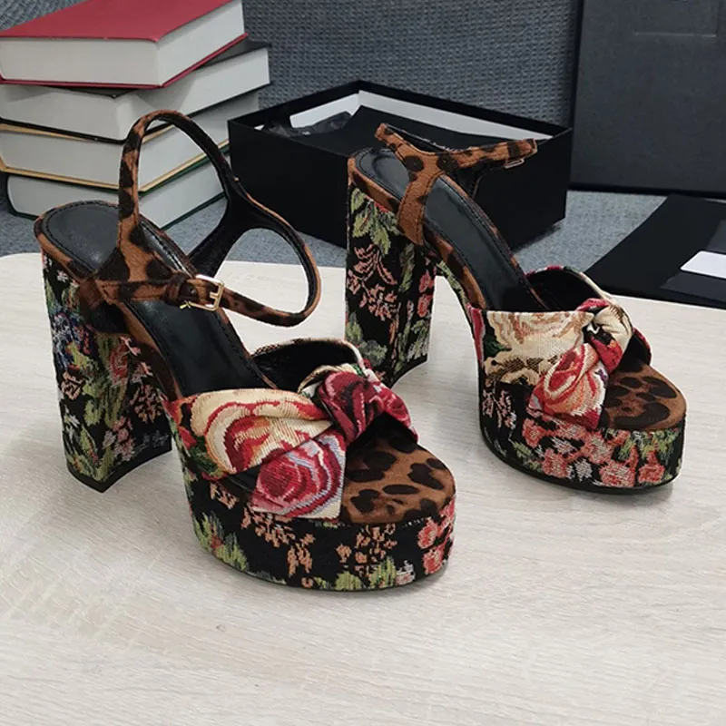 Velvet Bow Designer Sandals 12.5cm High Heels Sandal 4cm Platform Sandale Summer Beach Shoes Mediterranean Print Block Heeled Party Dress Shoes Top Mirror Quality