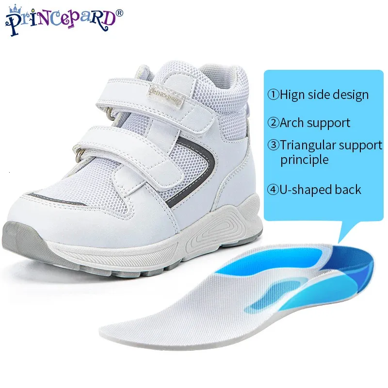 Princepard Children Orthopeedic But Autumn Outdoor White Skórzany Sport Sneaker z łukiem wsparcie dla płaskich tiptoe Walking 240430