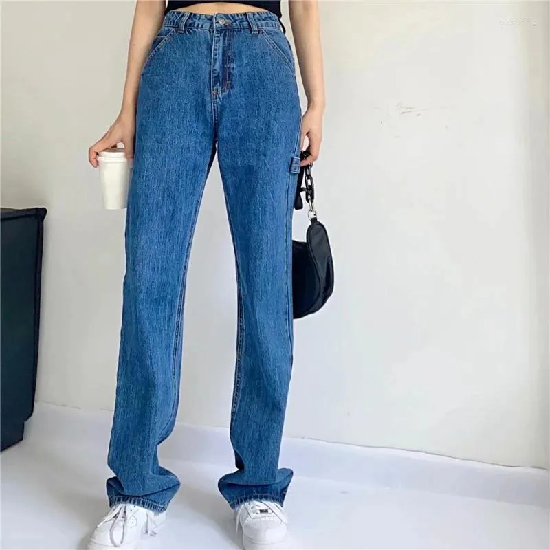 Jeans pour femmes larges droite salopette de jambe femme haute taille pantalon denim bleu automne feme