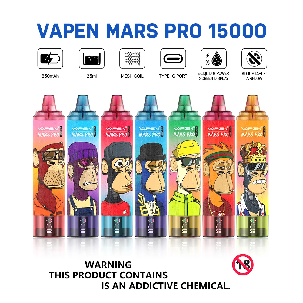 Nowy duży tornado 15000 Puff Uładowalne 15K Puffs Djeńskie Vape 25 ml Prefilled 850MAH Bateria Atmenal Airflow Control Smart Screen Vaper Device Vapen Mars Pro POD KIT