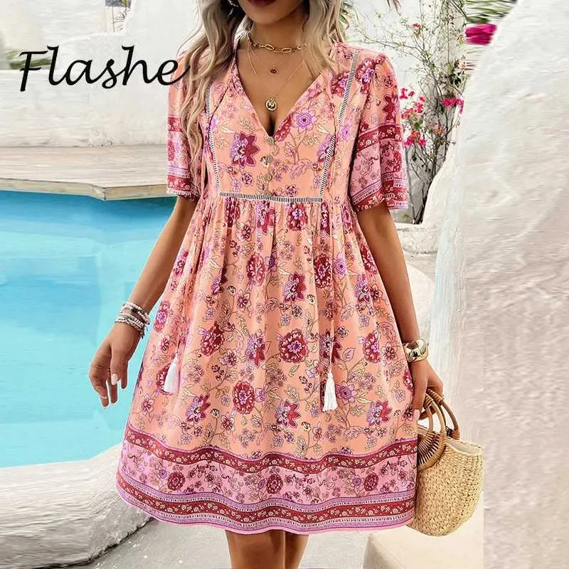 Robe en deux pièces Summer Womens décontracté en V Contrôle en V courte à manches A-Line Floral Print Robe Bohemian Holiday Beach Sundress 2024 Q240511