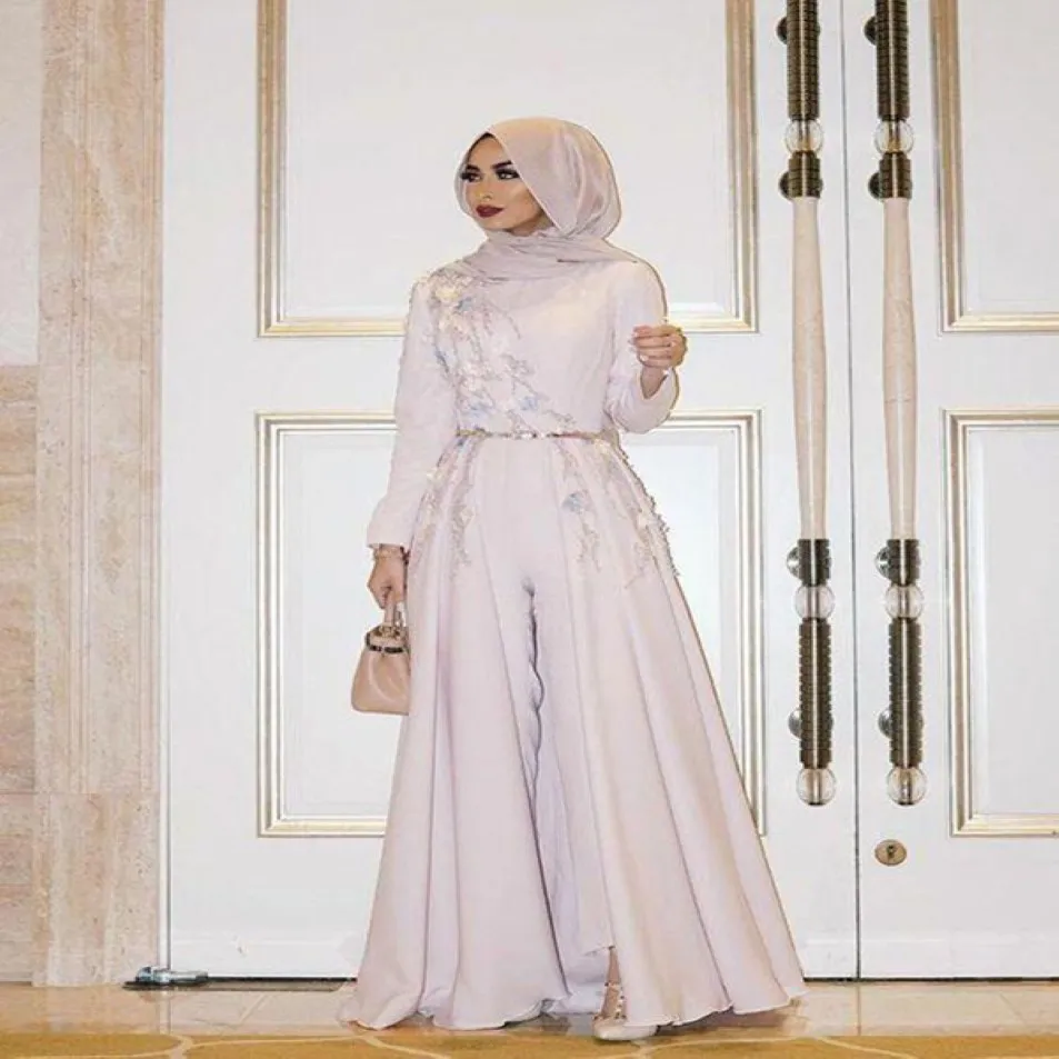 2022 Elegant Muslim Jumpsuit Evening Dresses With Detachable Skirt Beaded Long Sleeve Formal Party Gowns For Weddings Arabic Dubai Prom 307t