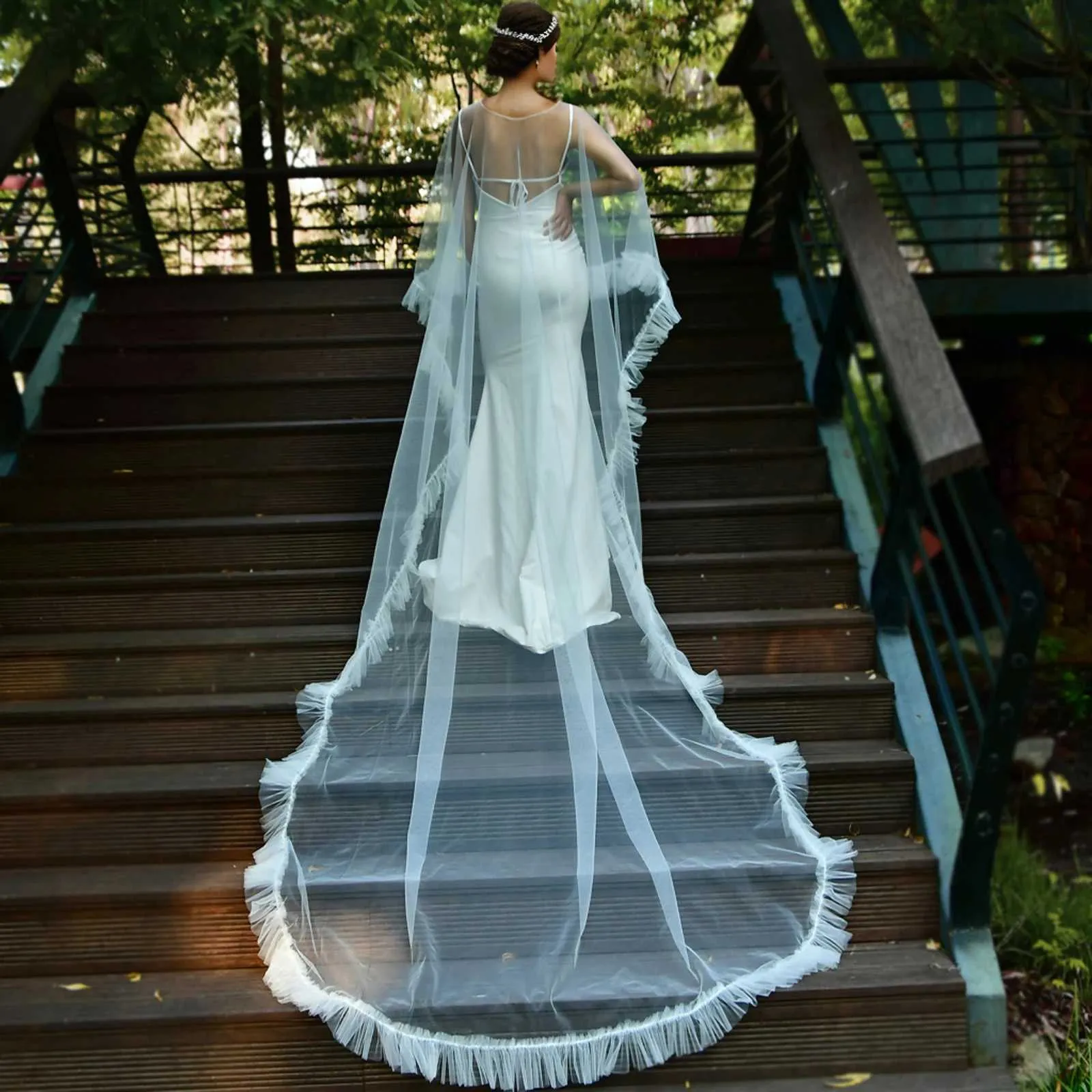 Joyas para el cabello para mujer MZB19, capa de novia larga, velo, bolero de talla grande, chaqueta elegante para mujer, capa tipo catedral para invitadas a la boda_voghion.com