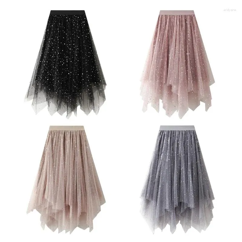 Skirts Womens Star Sequins Mesh Tulle Velvets Skirt High Low Irregular Midi Length Elastic Waist Layered A-Line