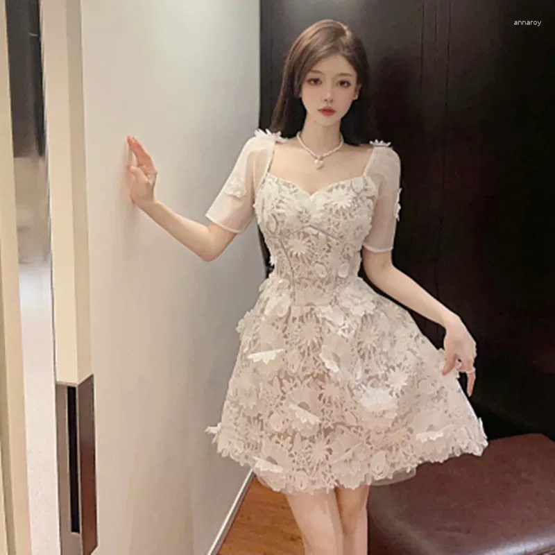 Runway Fashion Summer Dress for Women - Short Sleeve V-Neck French Organza Patchwork Lace Party Dress with High Quality