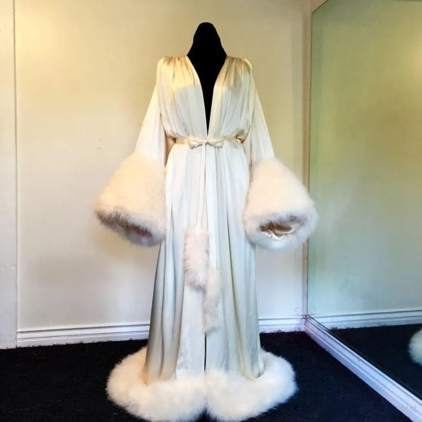 Women's Evening Dresses Robe Nightgown Bathrobe Pajamas Sleepwear With Fur Train Long Sleeve Jackets Bridesmaid Shawel 309r