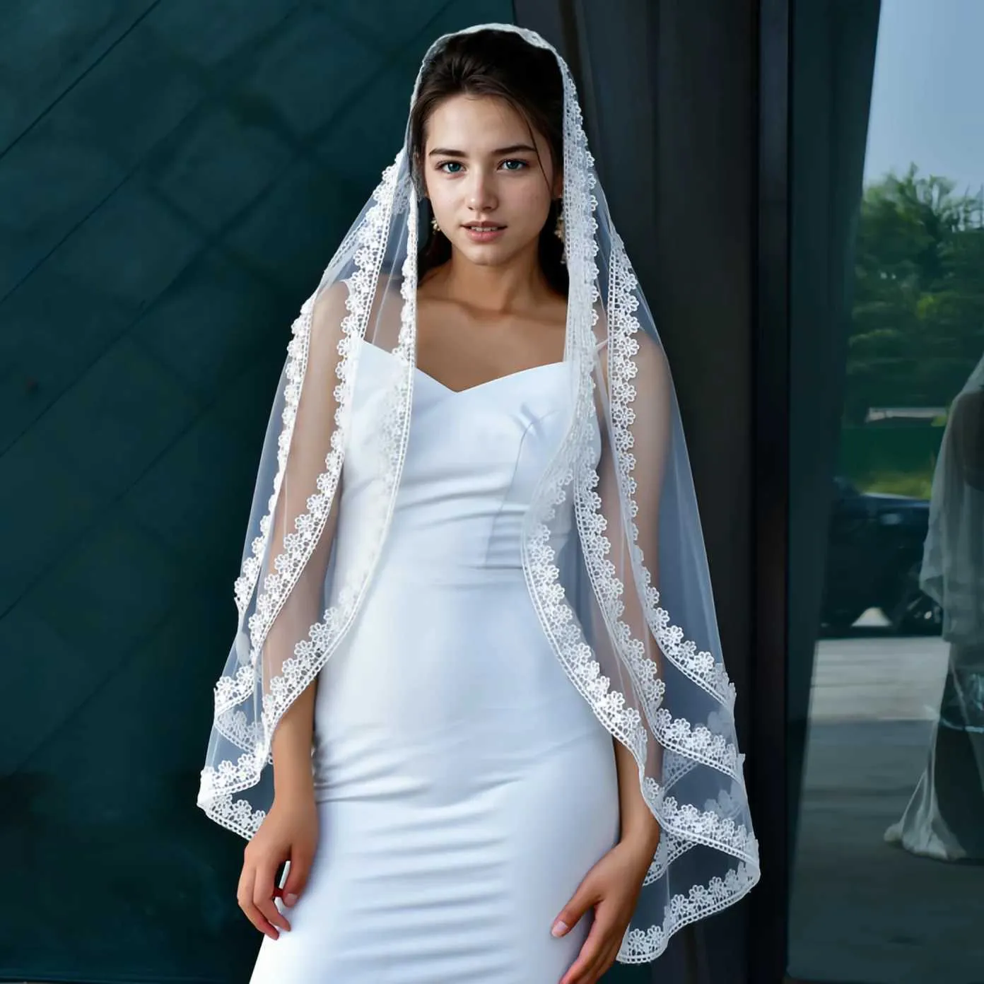 Hair Jewelry MZA91 Short Veil Edge Veils Wedding Bridal Accessories Thin Scallop Lace Trim Soft Tulle with Comb_voghion.com