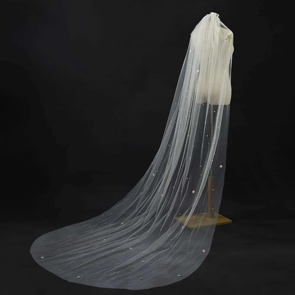 Bijoux de cheveux 3D fleurs voiles de mariée perles voile 1 niveau perlé doux Tulle avec peigne longue cathédrale accessoires de mariage_voghion.com
